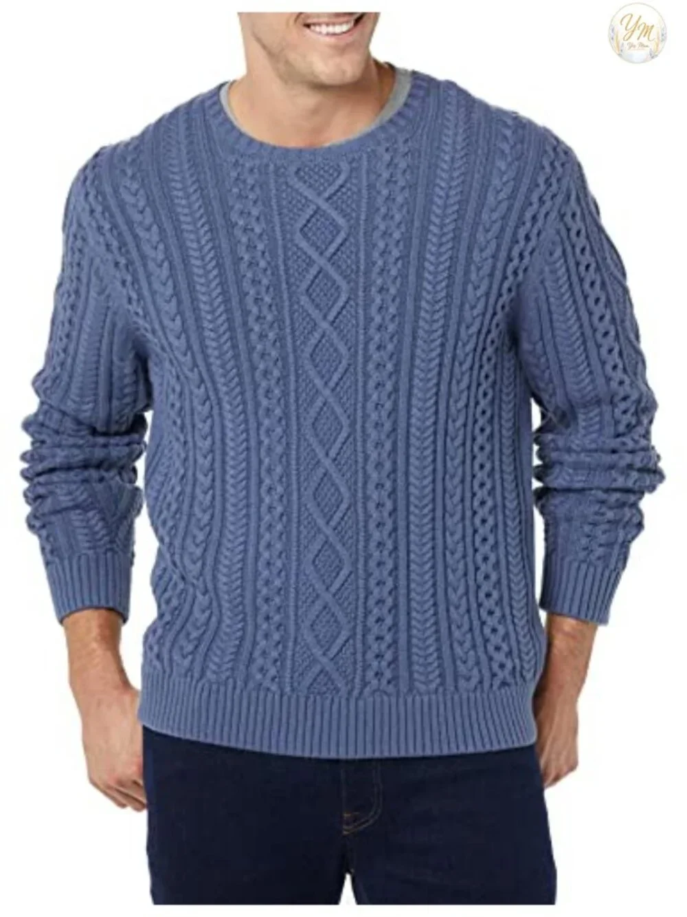 Men's Long-Sleeve 100% Cotton Fisherman Cable Crewneck Sweater